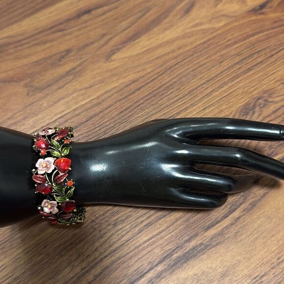 Vintage Hinged Floral Cuff Bracelet. Red Rhinestones, Burnished Goldtone, Pink. - Picture 1 of 6